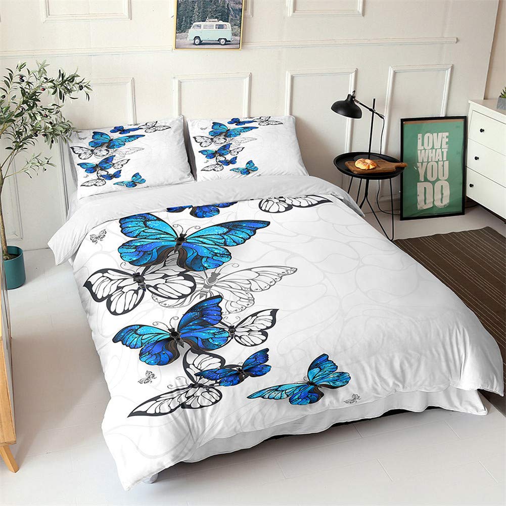 Housse de couette papillon bleu 140x200 microfibre avec 2 taies d'oreiller
