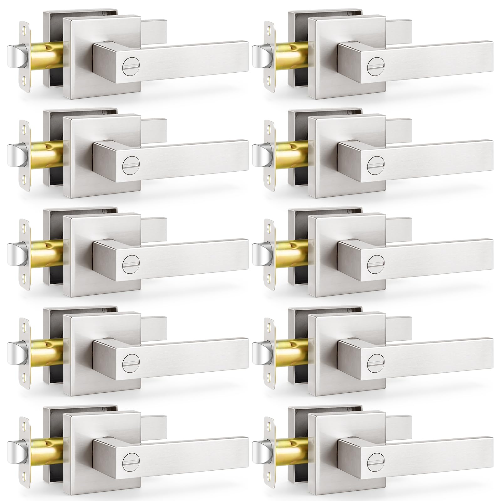 Satin Brass Door Knobs - 10 Pack Privacy Locks -21