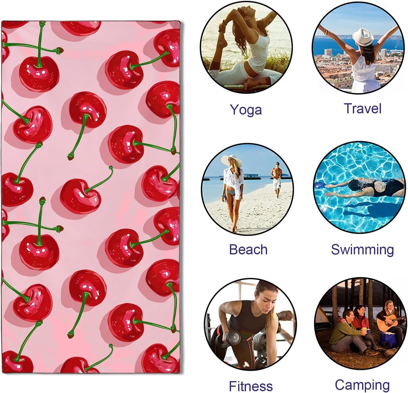 Cherry Pattern Beach Towel Extra Large 36" x 72", Thin Lightweight Microfiber Towels with Fruit Design, Sand Free and Quick Dry, Compact Bag