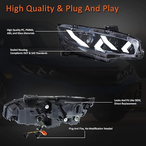 Miniatura 4 de JOLUNG Conjunto de faros delanteros para Honda Civic de 10 generación 2016-2022, faros delanteros LED para Civic Sedan Coupe Hatchback, lámpara de