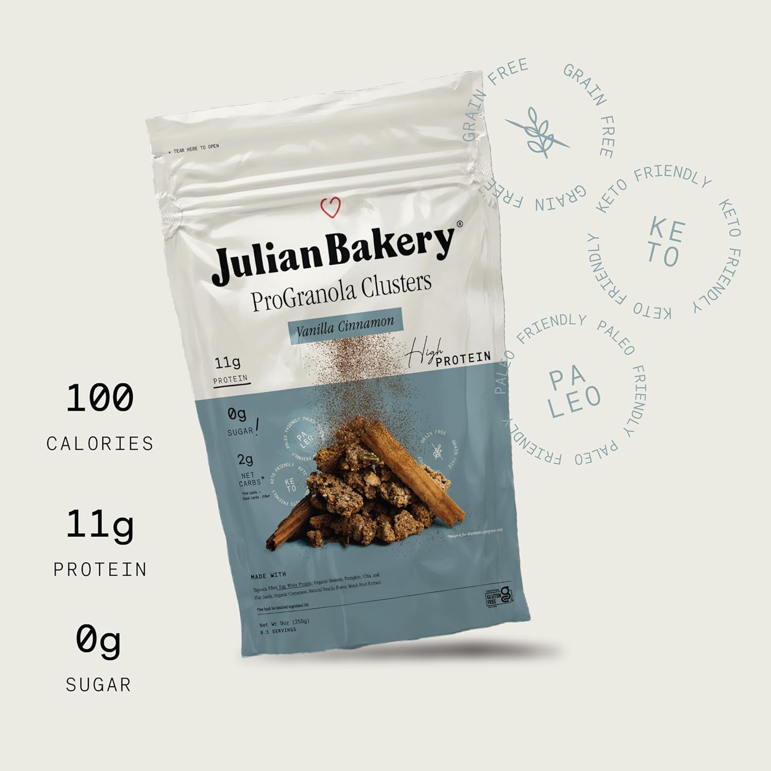 Julian Bakery® ProGranola® Cereal | Vanilla Cinnamon Cluster | 11g Protein | 11g Fiber | 2 Net Carbs | Gluten-Free | Grain-Free | High Protein & High Fiber | 9oz (3 PACK)