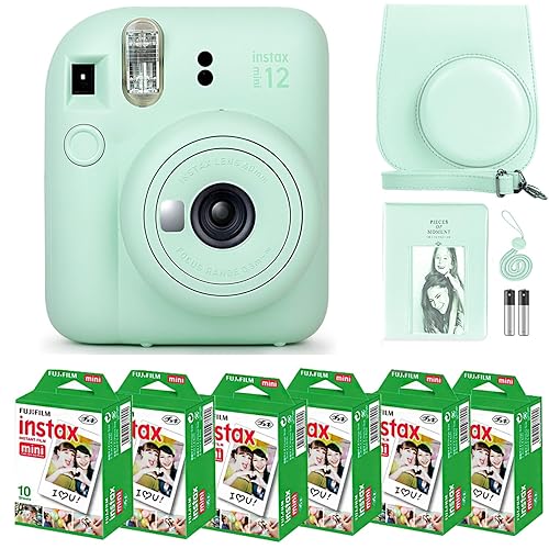 Cámara Fujifilm Instax Mini 12 con Paquete de Película Instantánea Mini Fujifilm (60 Hojas) Bundle con Accesorios Número Uno Incluyendo Funda de Transporte, Álbum de Fotos, Adhesivos (Verde Menta)