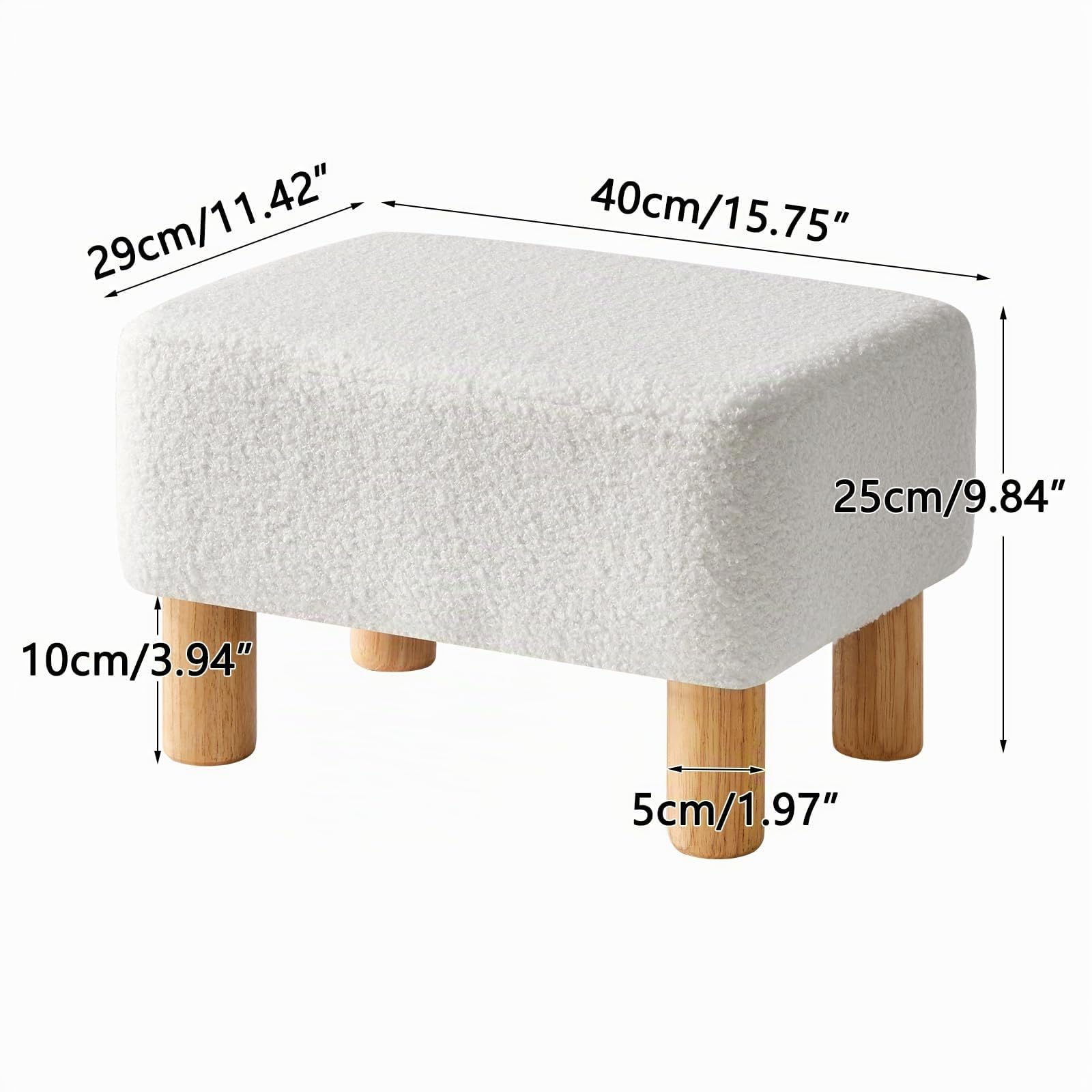 YMYNY Reposapiés Pequeño, Otomanas, Taburete Otomana Rectangular con Patas de Madera Estable, Taburete Bajo, Material de Terciopelo de Teddy, para Sala de Estar, Dormitorio 40×29×25CM Blanco HBD030W