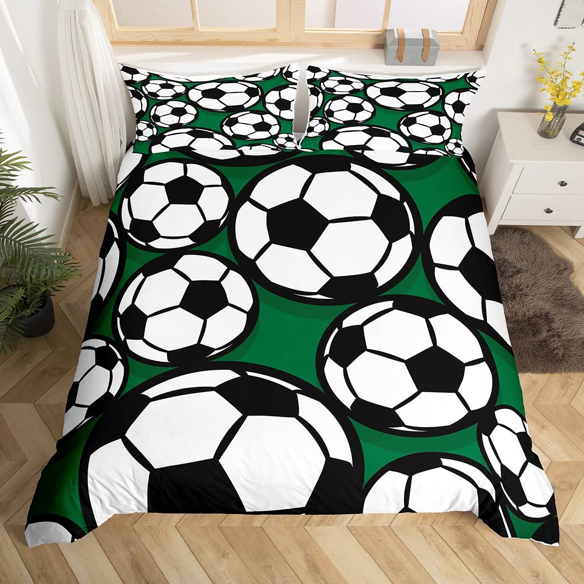 Funda de edredón de pelota de fútbol, juego de ropa de cama de fútbol verde deportivo para niños y niñas, funda de edredón de microfibra para juegos competitivos, funda de colcha de fútbol americano