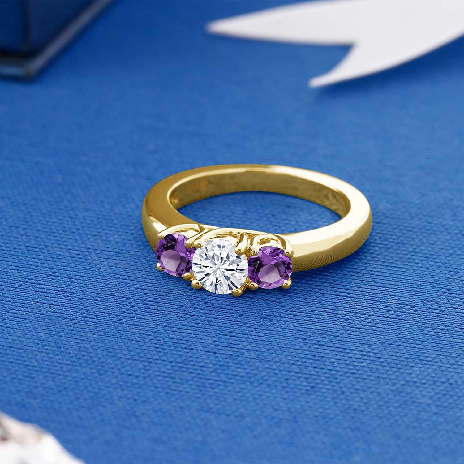 Gem Stone King Customized Personalized Engraved 3-Stone Ring for Women | 5MM and 4MM Gemstone Birthstone | 18K Yellow Gold Plated Silver | 3 Stone Wedding Anniversary Promise Ring