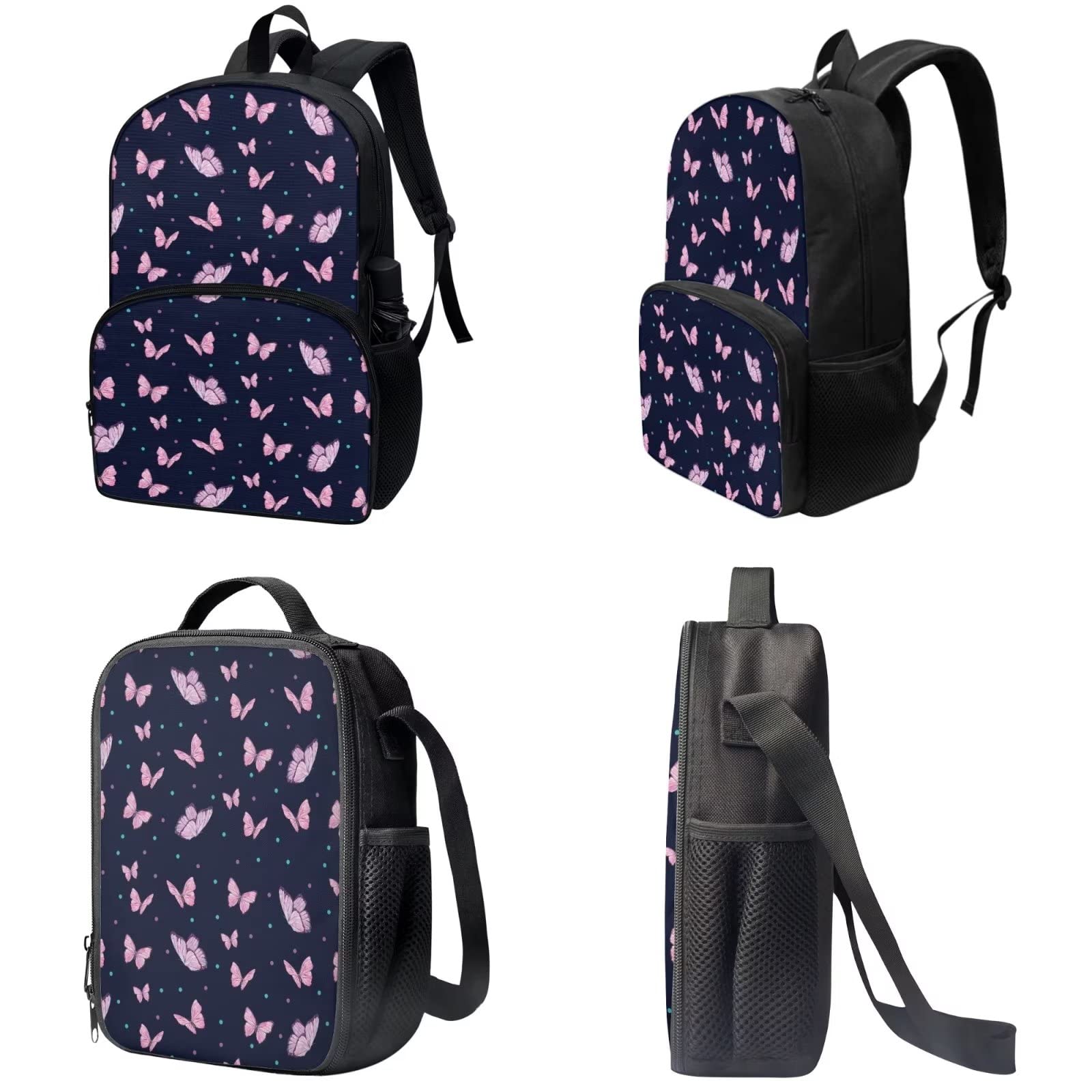 Poceacles Schultasche und Lunchbox-Set für Teenager, Jungen, Grundschule, Büchertasche, Federmäppchen für Grundschulkinder, Schmetterlinge und Punkte, Einheitsgröße