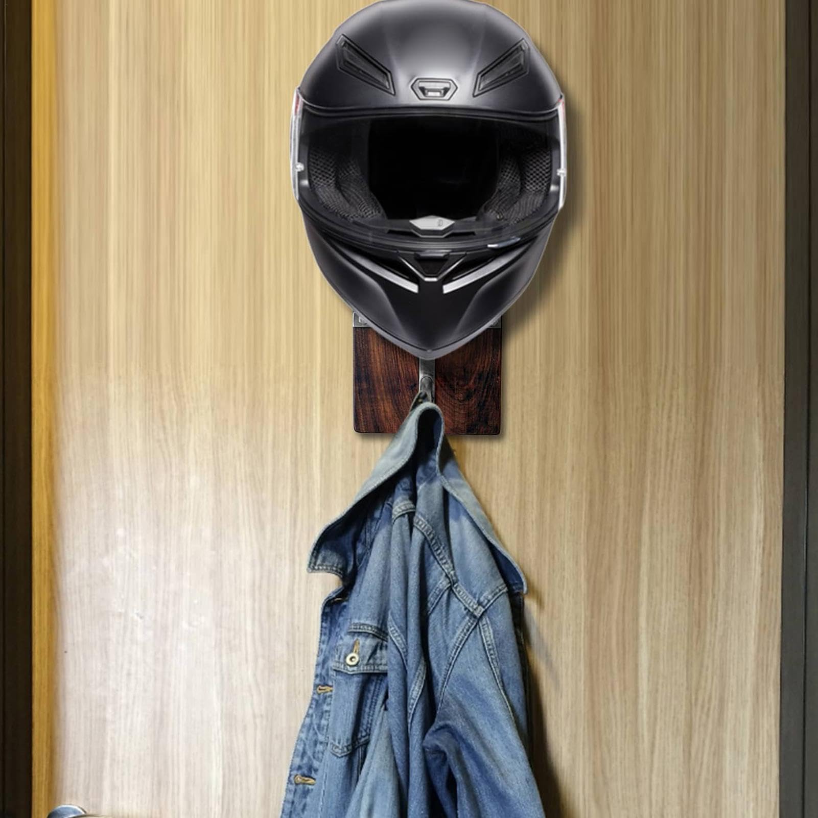 Support Mural Moto Pour Casque Et Veste - Bois Et Métal - Adhésif Fort Sans Perçage