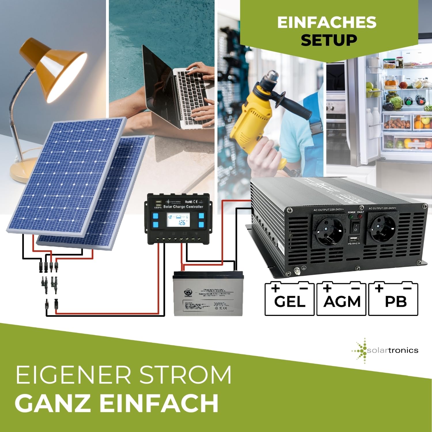 SOLARTRONICS Transformador de tensión NM2500 12 V 2500 W Negro – 5000 W de Potencia máxima – inversor de 12 V a 230 V – Batería de Plomo o AGM Compatible – con Conector Schuko y USB