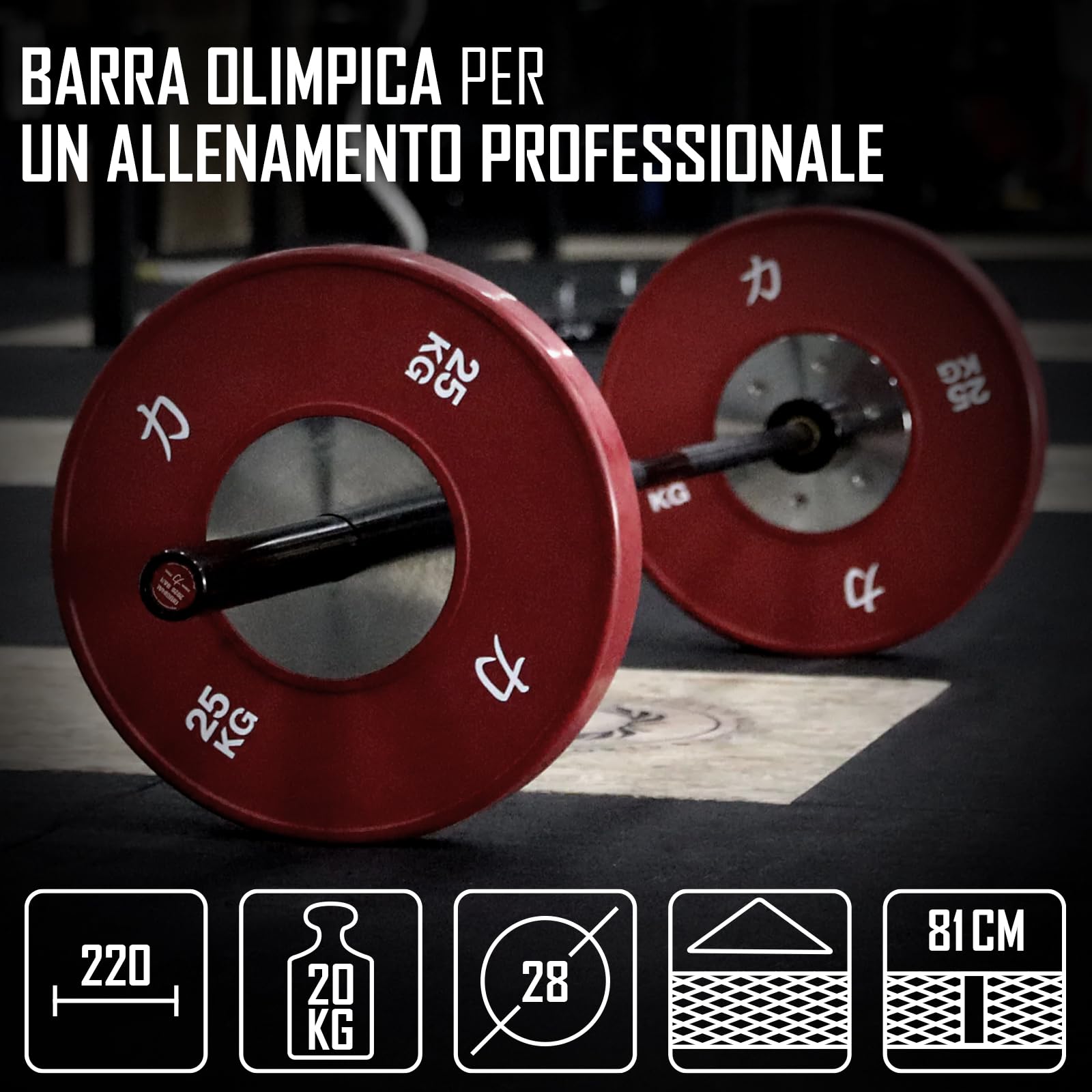 Strength Shop bilanciere olimpico 20 kg, lunghezza 220cm, diametro 28mm, bilanciere palestra in acciaio con attacco per dischi da 50mm, bilancere 20kg perfetto per squat, sollevamento pesi, ecc.