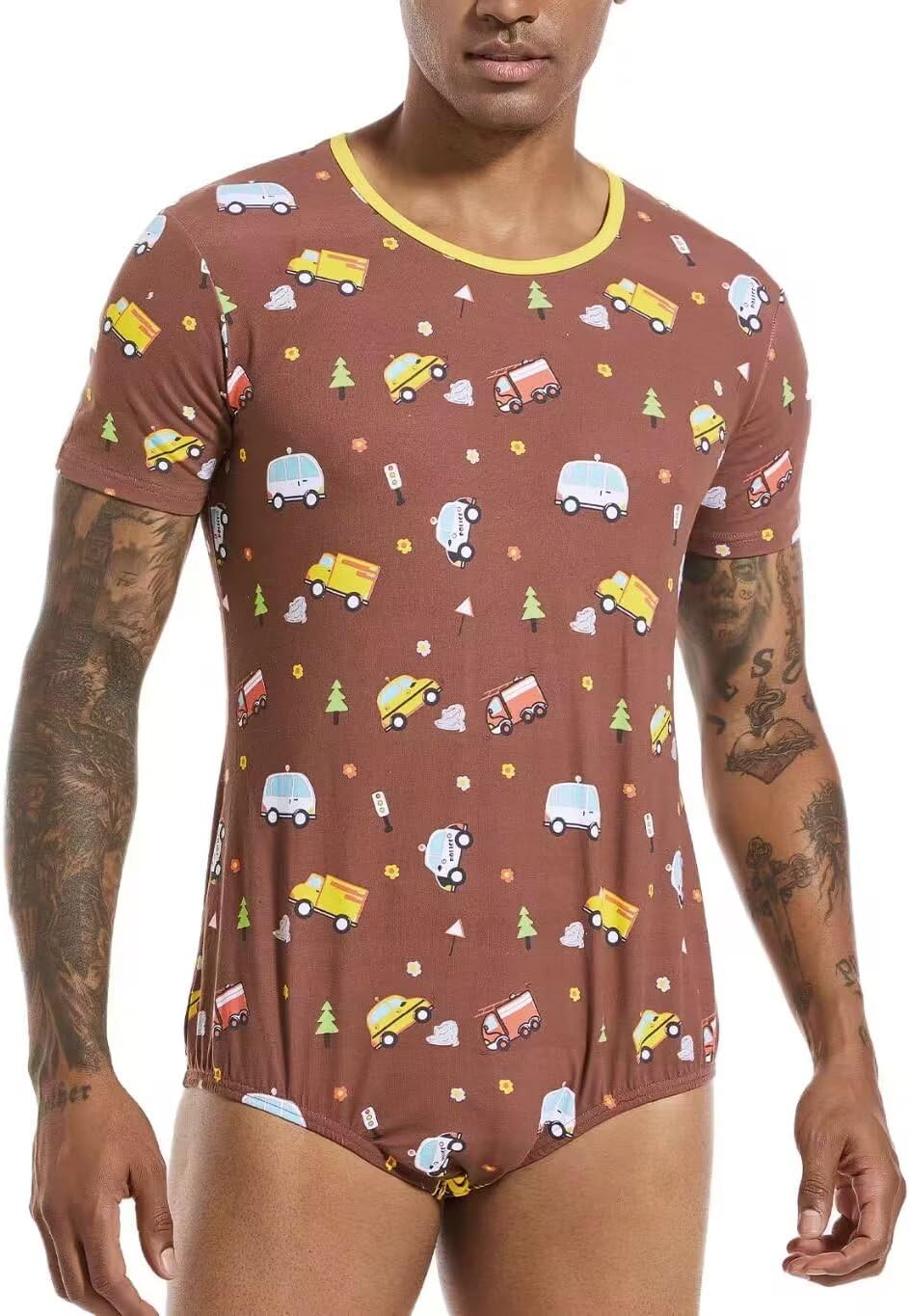 Landofgenie Men Short Sleeve Bodysuit Pajama Print Bodysuit One Piece Pajamas Rompers Basic Onesie - Image 3