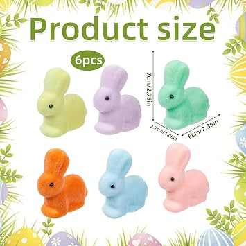 6 Pcs Easter Small Flocked Rabbit Figurines, Soft Foam Animal Decor Set, Furry Bunny Tabletop Displays for Spring Home Arrangements, Seasonal Basket Fillers and Party Favor Supplies