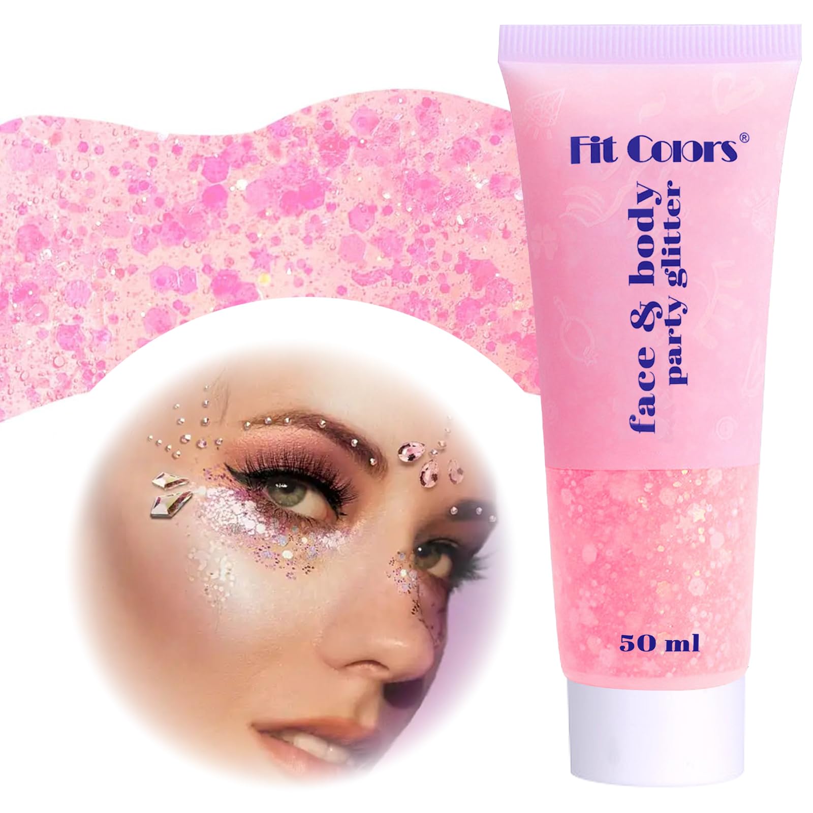 50ML Gel con Purpurina para el Cuerpo, Body Glitter Gel, Sombra de Ojos Liquida Brillante, Gel en polvo para Festivales, Lentejuelas de Sirena, Uñas, Cosméticos, Mascaradas (Rosa)
