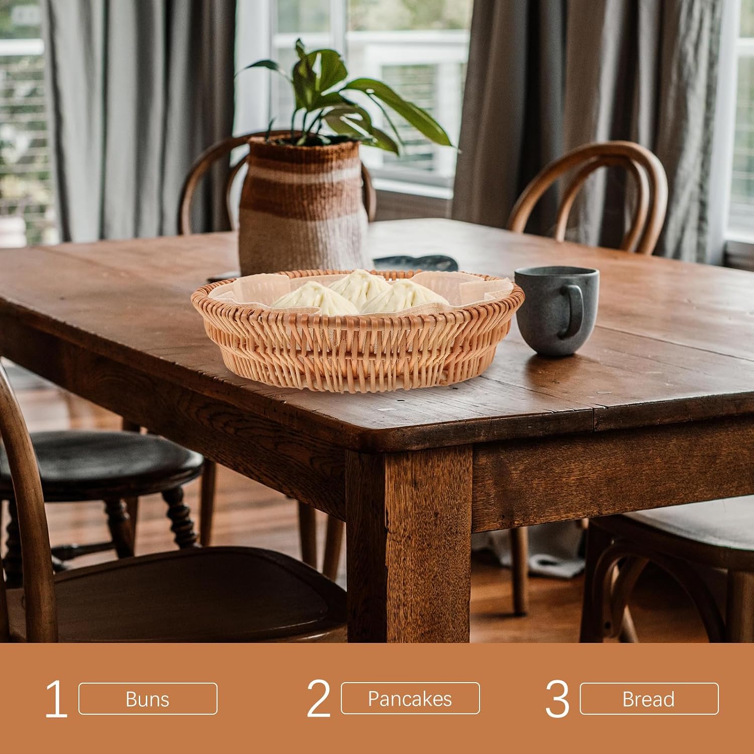 Wicker Bread Basket Medium Size, Handwoven Rattan Snack Pastry Basket for Household Bread and Dinner Rolls, Pastoral Style Storage Tray for Kitchen Table and Dining Serving