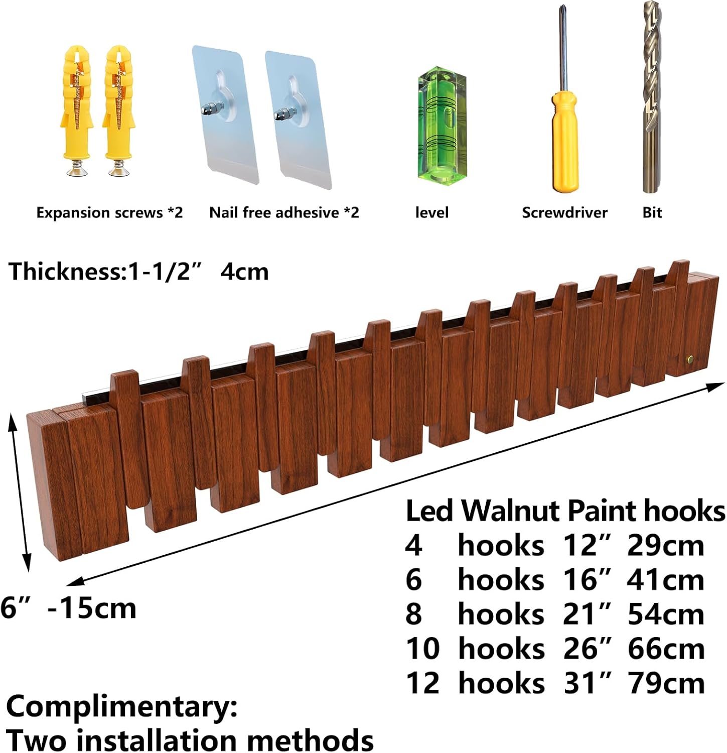 Wall Mounted Coat RackHooks Piano Key Hangers Natural Solid Wood Hanger Non-Woven Fabric Clothes Hangers for Closet, Kitchen, Bedroom, Bathroom, Entryway (Led Walnut, 12 Hooks)