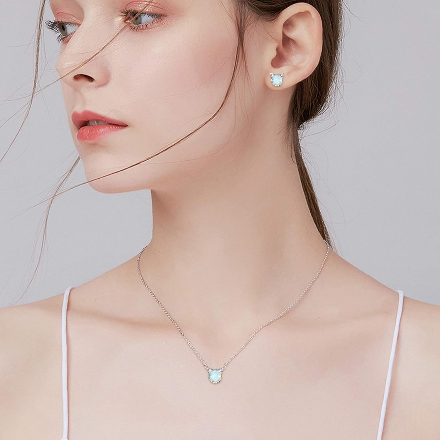 EVER FAITH 925 Sterling Silver Cute Cat Earrings Necklace Hypoallergenic Created Opal Lovely Animal Jewelry Set for Women - Image 2