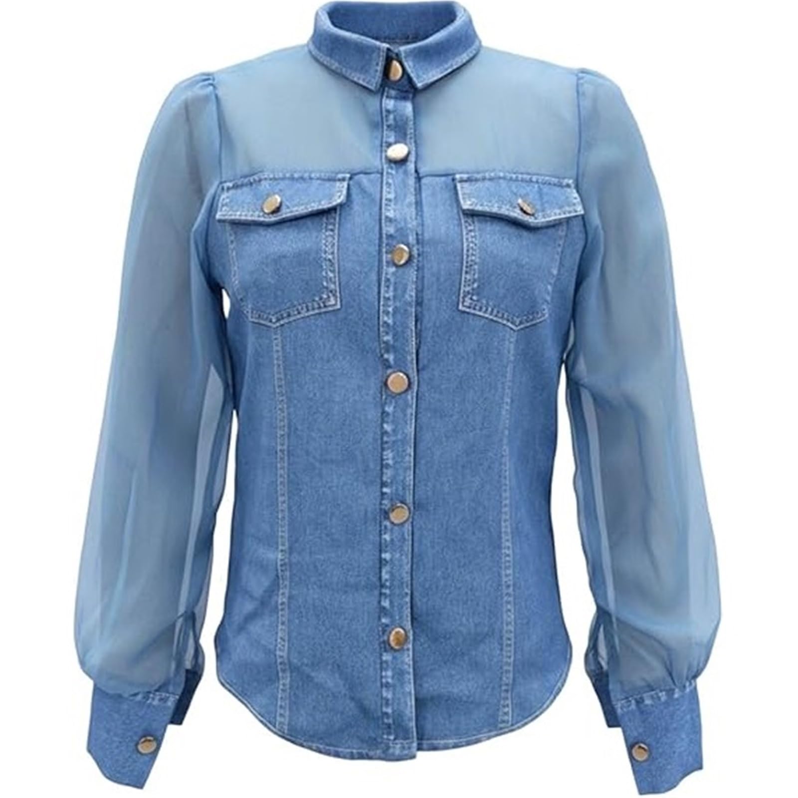 Camicia in Denim A Maniche Lunghe con Inserti Camicia in Denim da Donna A Maniche Lunghe in Rete Trasparente, Camicetta Abbottonata con Tasche sul Petto