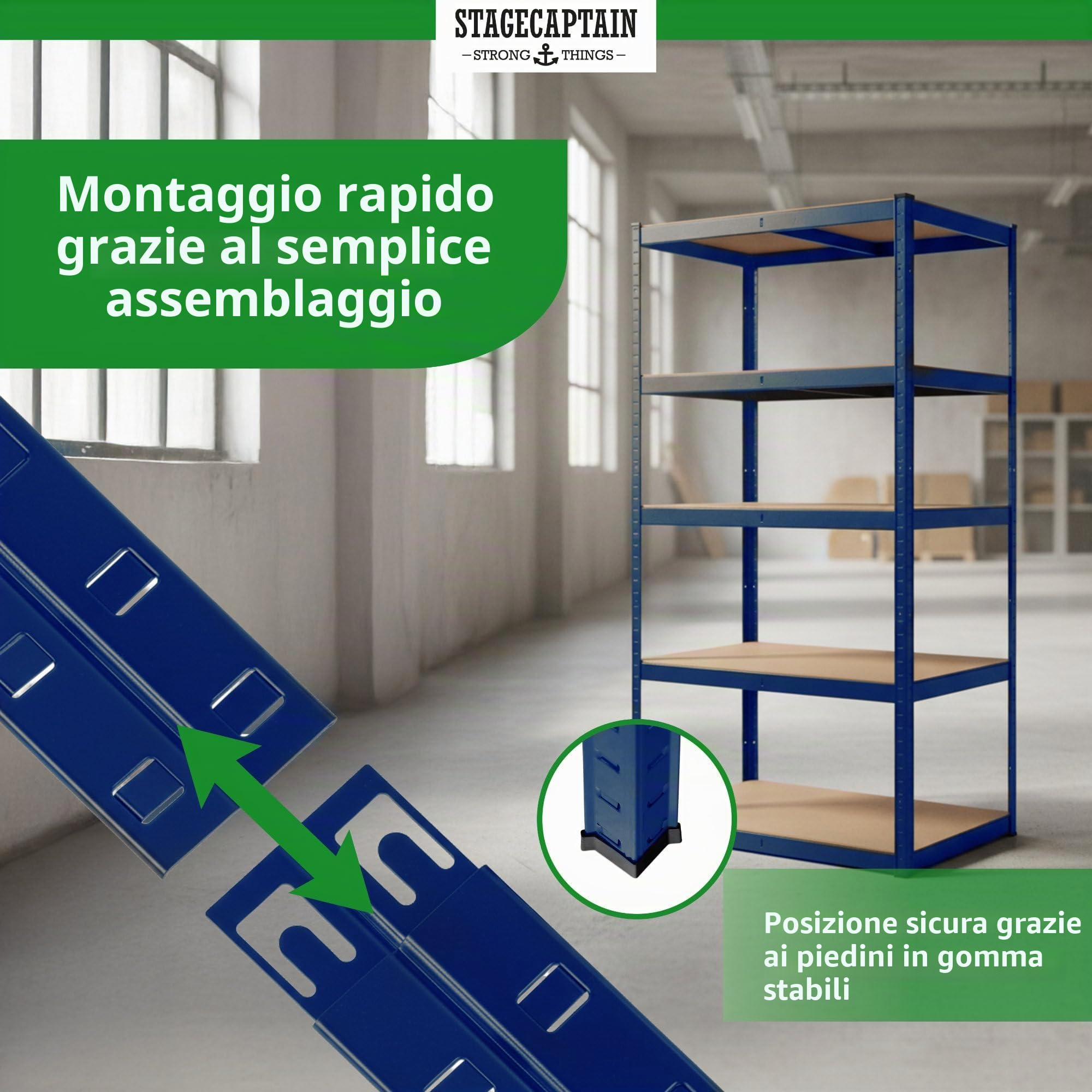 Stagecaptain Heavyrack HR-175 BU Sistema di 2 Scaffali in Metallo - Scaffalatura per magazzino - Scaffale per carichi pesanti - 875kg di capacità di Carico - 5 ripiani in legno regolabili - Blu