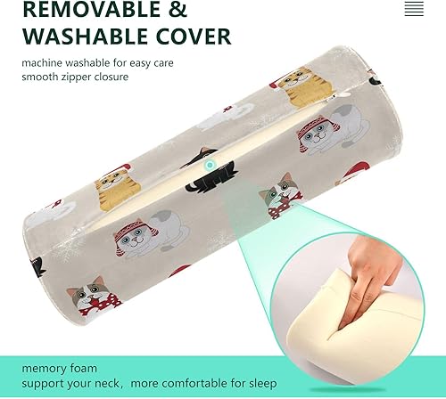 Miniatura 4 de KLL Cute Cat in Christmas Costume and Snowflake Round Cervical Roll Bolster Pillow Neck Roll Pillow Round Pillow Insert 17 Inch Cylinder Pillow