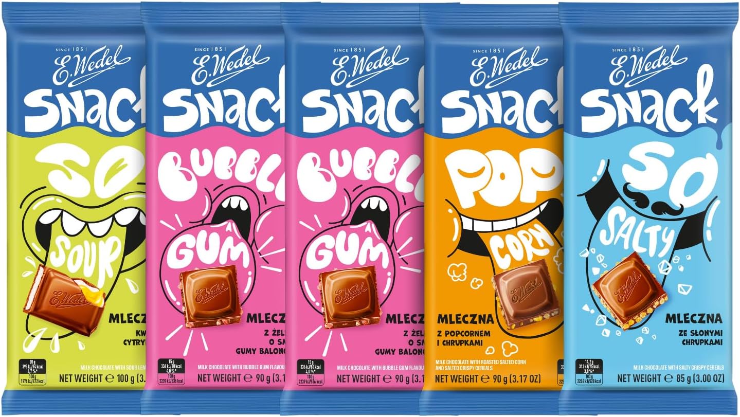 E.Wedel Flavoured Milk Chocolate Bars Multipack 455g x Pack of 5 - Bulk Chocolate Snack Bars Chocolate Gift Bundle for Kids Adults Chocolat Gifts Box Bubble Gum Sour Lemon Popcorn Popping Candy Bars