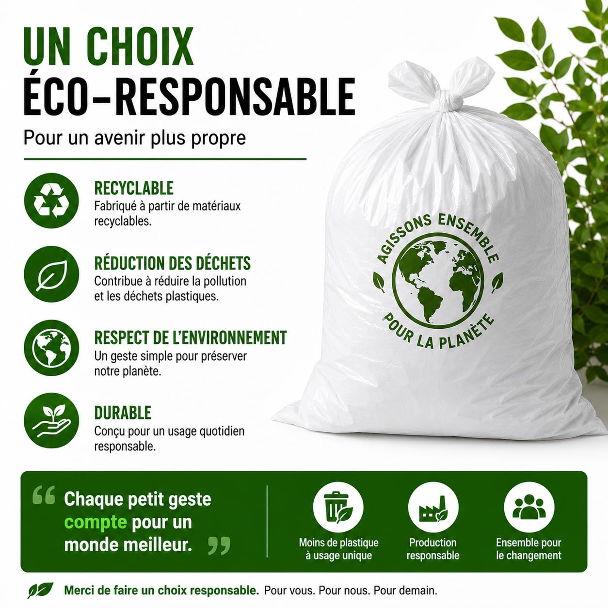Bolsa de basura blanca 100 l | 50 bolsas de basura de 100 litros (2 rollos de 25 bolsas) | Muy resistente (30 µ) e impermeable | Residuos no alimentarios | Cierre de enlace para atar | Clasificación