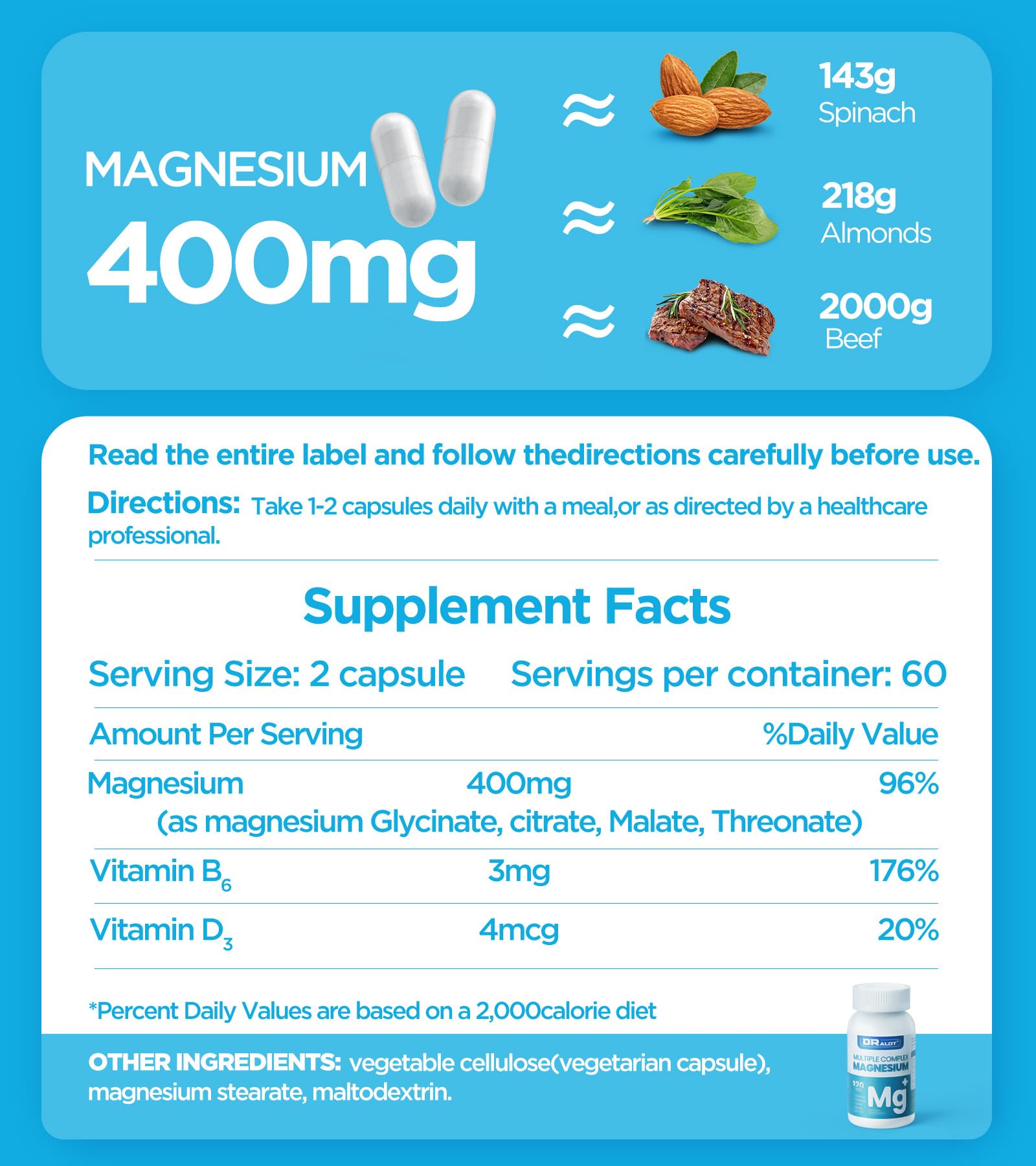 Quadruple Magnesium Supplement, 400mg of Chelate Magnesium Glycinate, L-threonate, Citrate & Malate | Max Absorption Complex w/Vitamin D3 & B6, for Sleep Heart Muscles Nerves, Non-GMO, 120 Vegan Caps — Amazon image 6