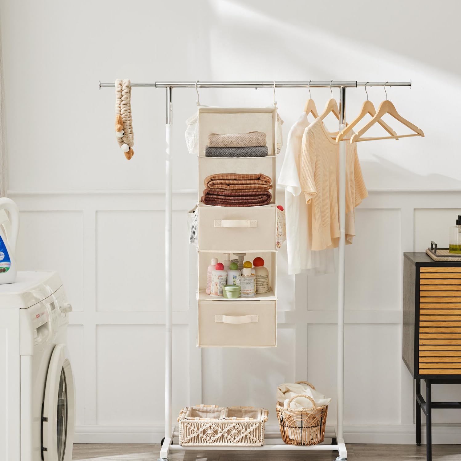 Organizador colgante de armario de 5 niveles, estante colgante de tela con 2 ganchos resistentes para almacenamiento, plegable (beige-D2) 7