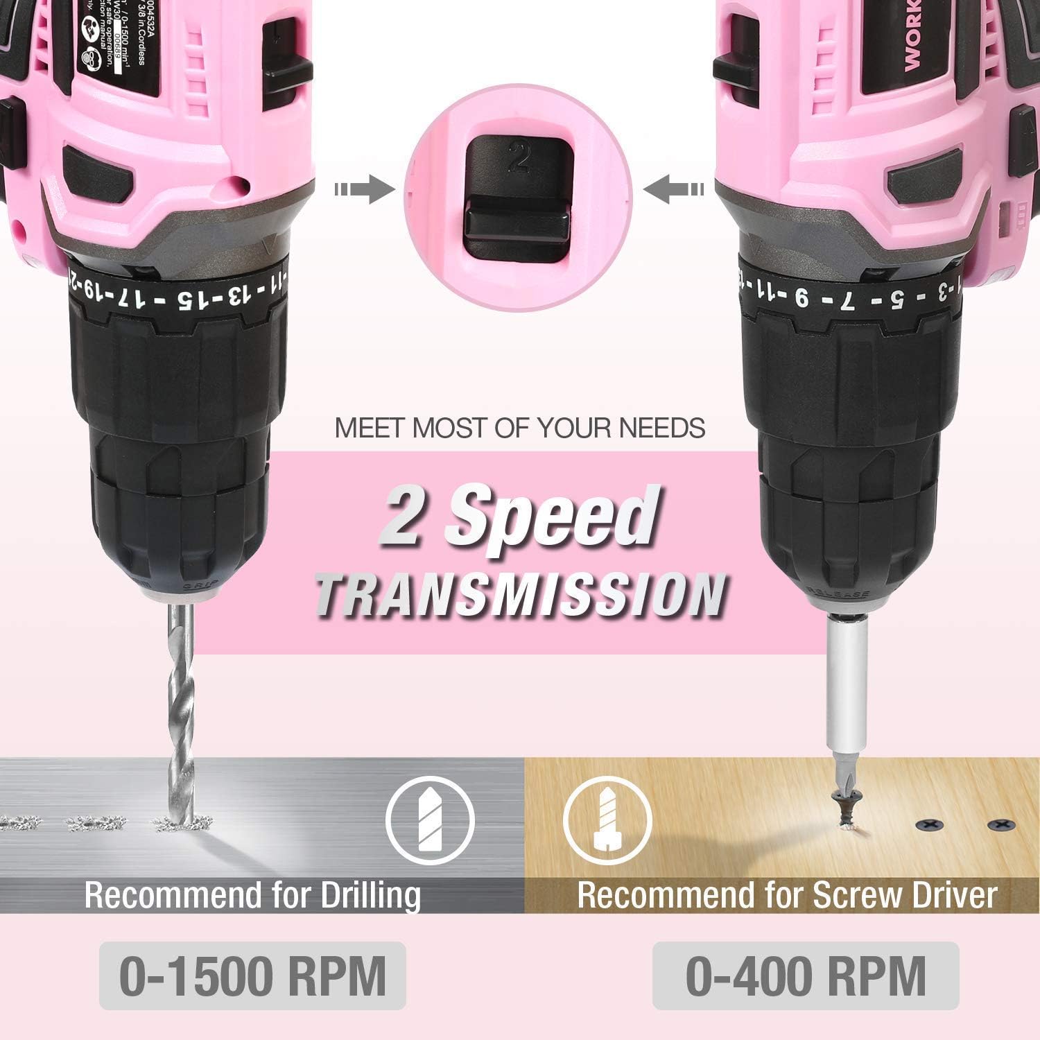 WORKPRO Pink Cordless 20V Lithium-ion Drill Driver Set (1.5Ah), 1 Battery, Charger and Storage Bag Included and Spare Charger for Replacement