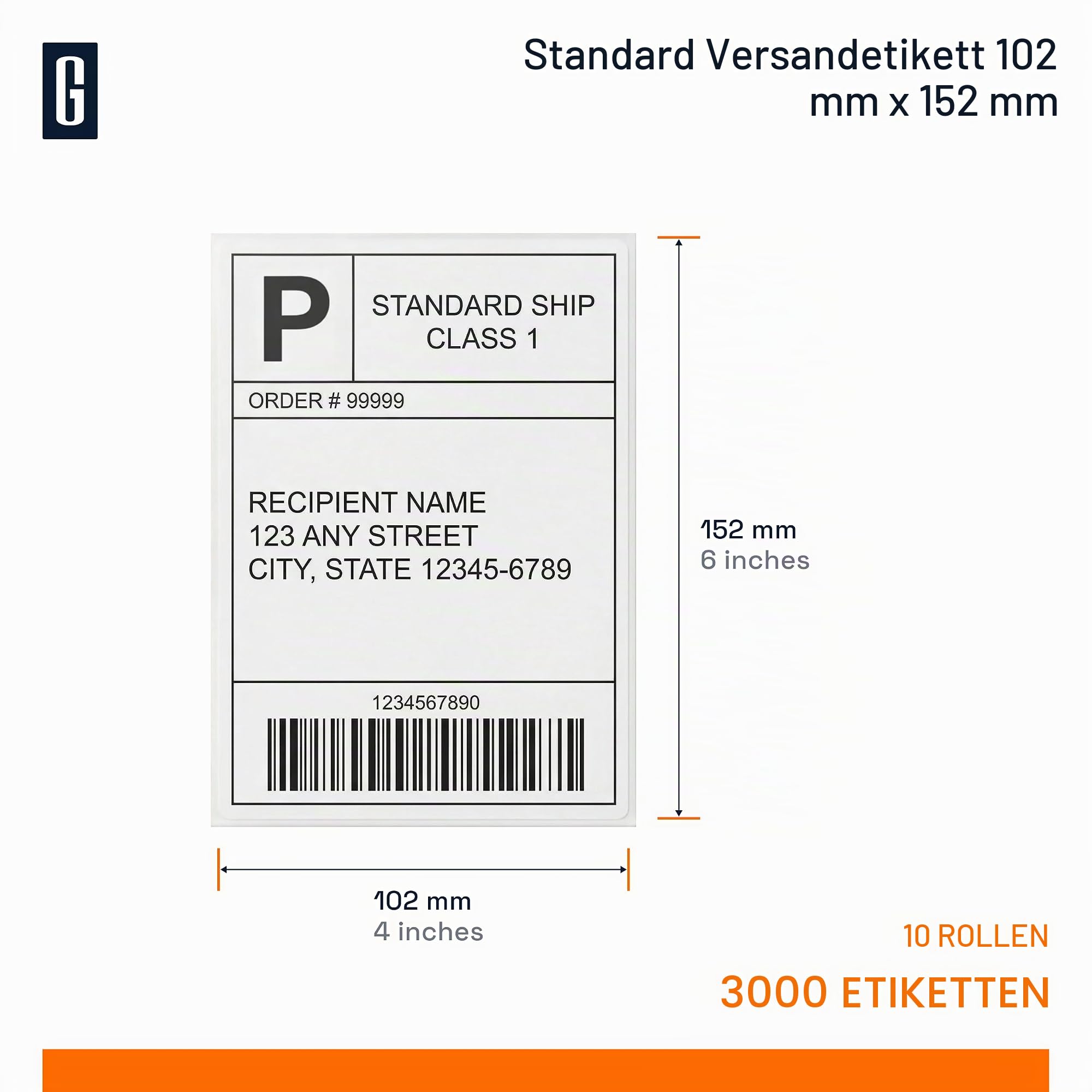 GROF - 10 Rolle Thermo-Versandetiketten Adressetiketten 102 × 152 mm - 300 Etiketten/Rolle, kompatibel mit Zebra Thermodruckern & weiteren 4×6 Etikettendruckern - selbstklebend (10)