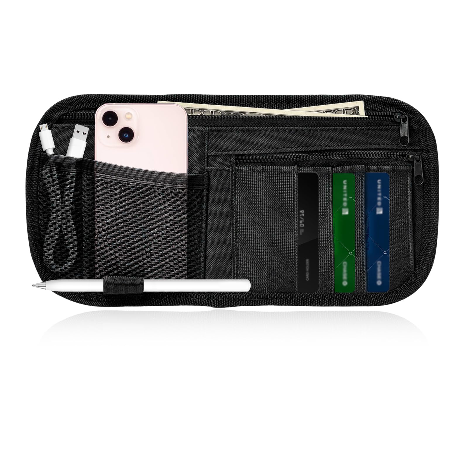 SHMZK Car Sun Visor Organizer, Auto Visor Multi-Pocket Storage Pouch Holder with Zipper, Vehicle Visor Oxford Cloth Net Personal Belonging Pouch for Card Pen Phone, Car Accessories