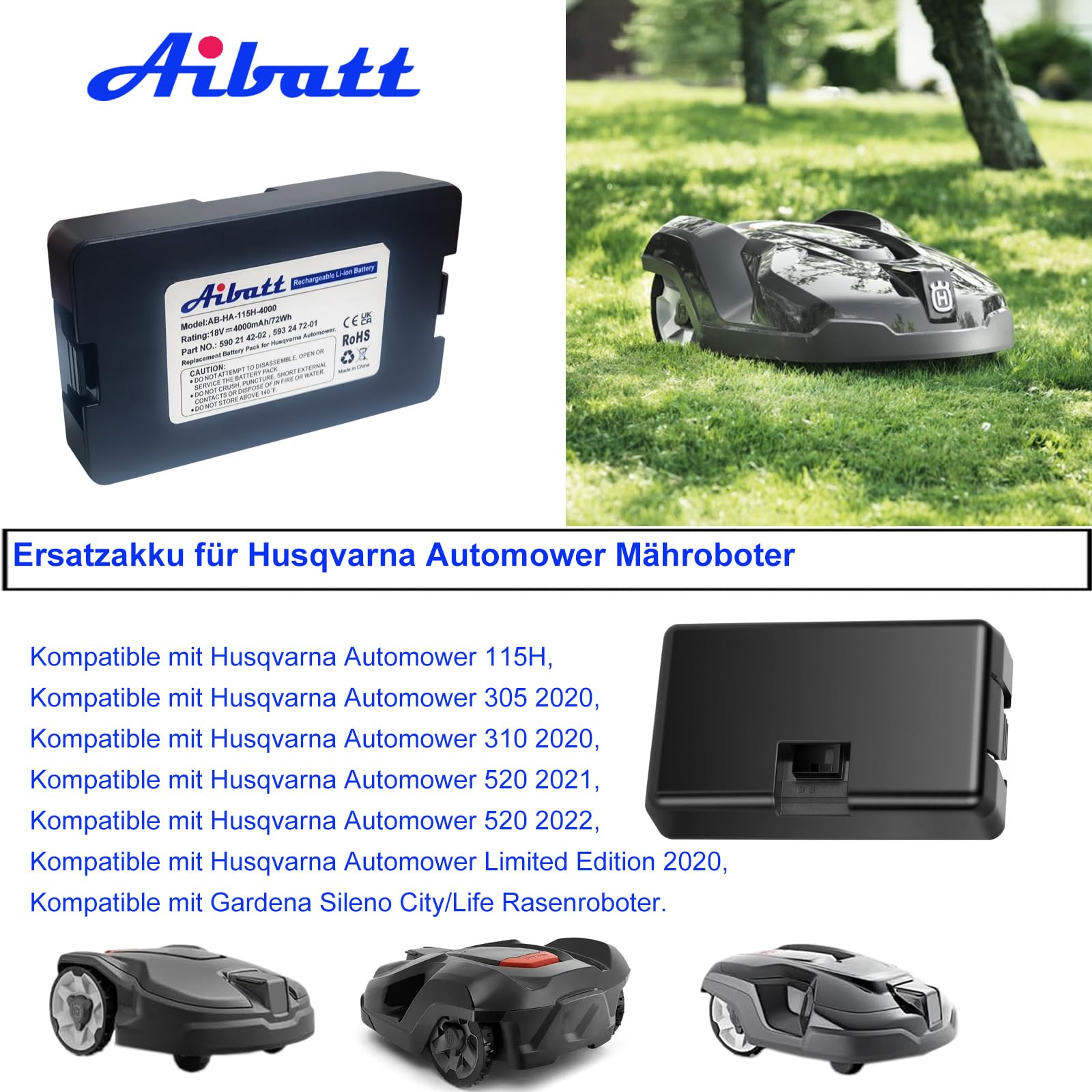 18V 4000mAh Mähroboter Ersatzakku für Husqvarna Automower 115H, Automower 305 2020, Automower 310 2020, Automower 520 2021, Automower 520 2022, Automower Limited Edition 2020, Gardena Sileno Life.