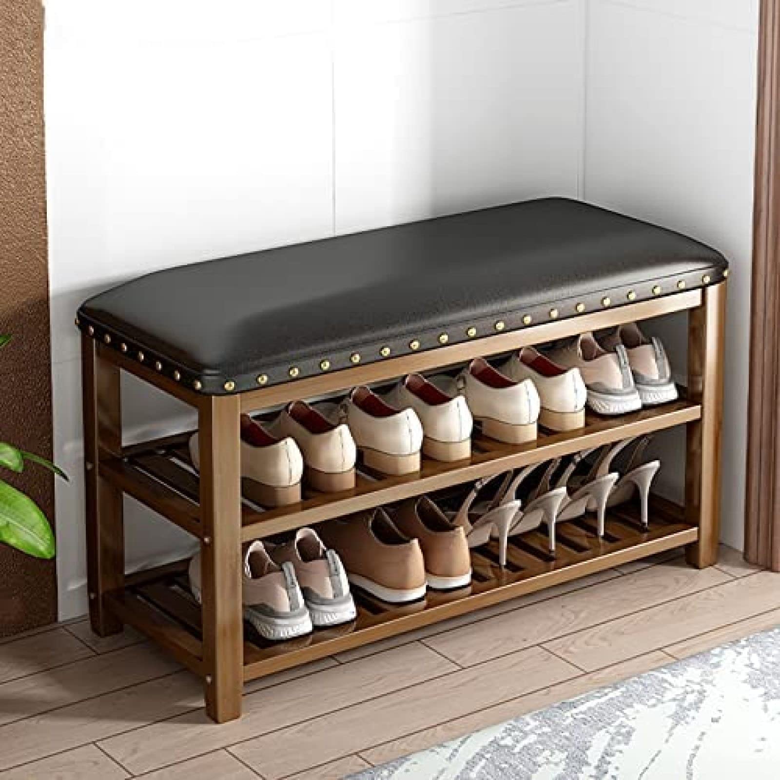 Organisateur de chaussures à 2 niveaux compact en bois marron et cuir
