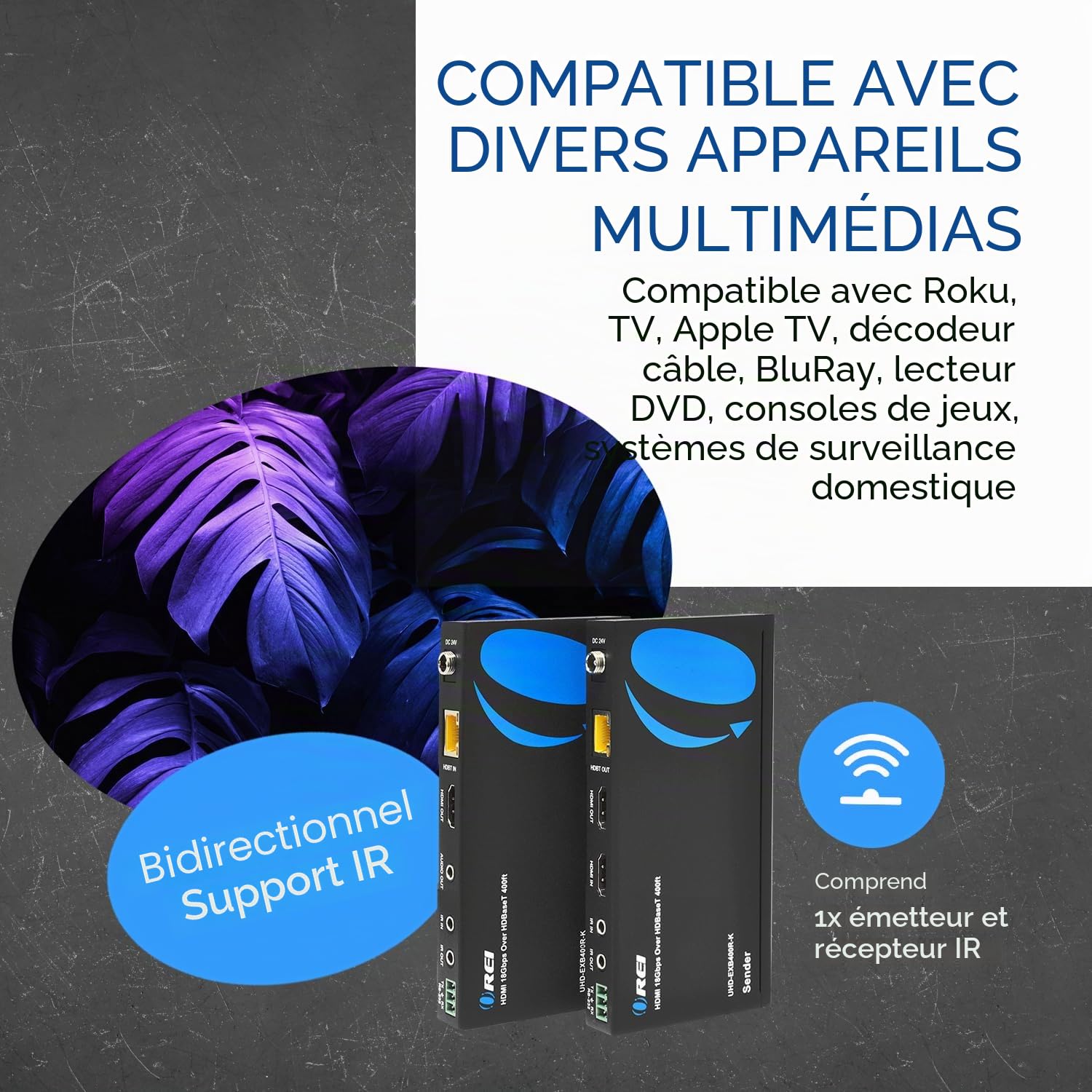 Orei - Rallonge HDMI 4K - HDBaseT UltraHD 4K @ 60 Hz 4:4:4 sur câble simple CAT5e/6/7 avec contrôle HDR, CEC et IR, RS-232 - Jusqu'à 122 m - Boucle - Câble d'alimentation - Sortie audio