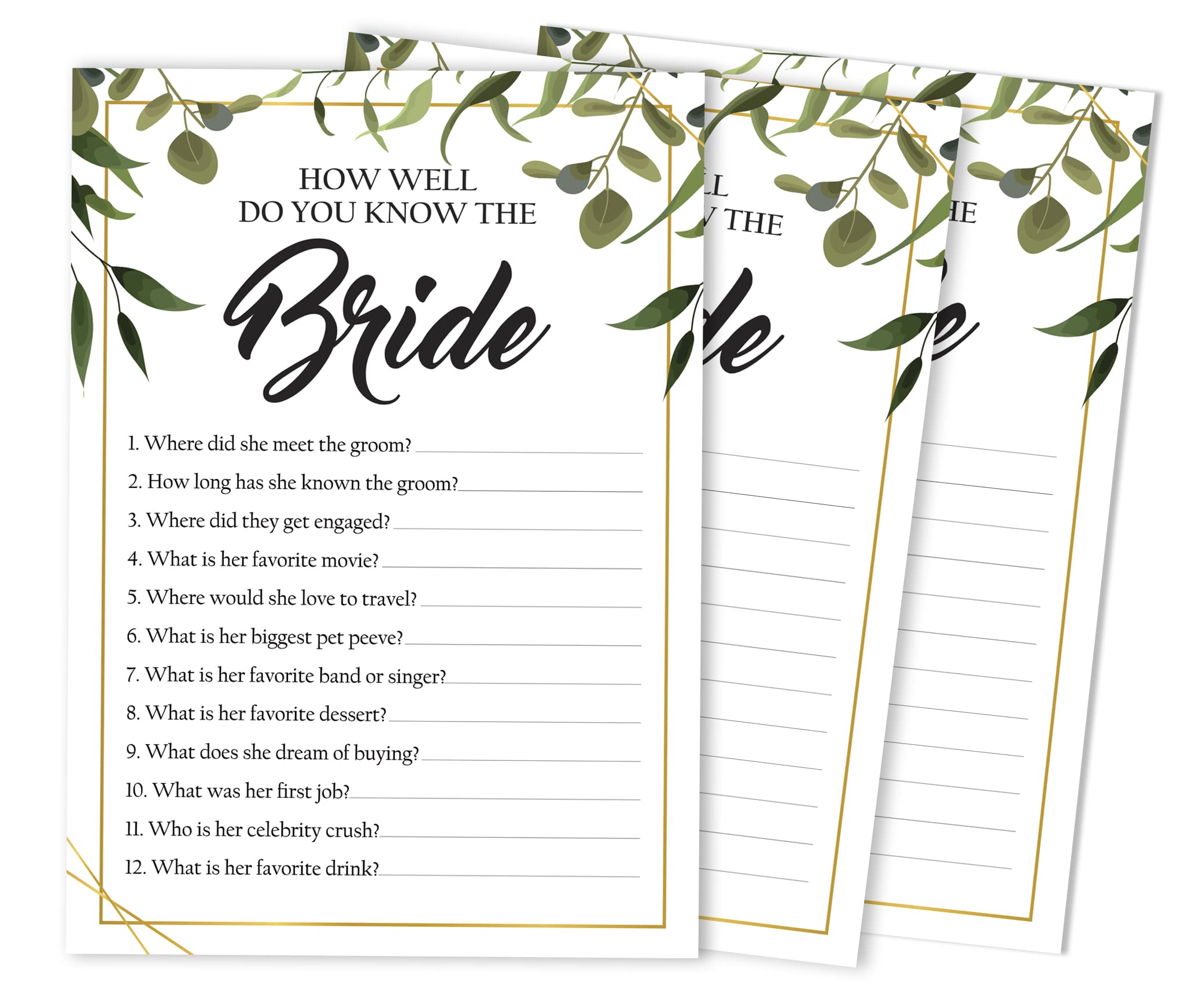 Amazon.com: Inkdotpot 50-Pack Greenery How Well Do You Know The Bride Bridal  Shower Bachelorette Party Game Who Know The Bride Best Activity Cards :  Home & Kitchen