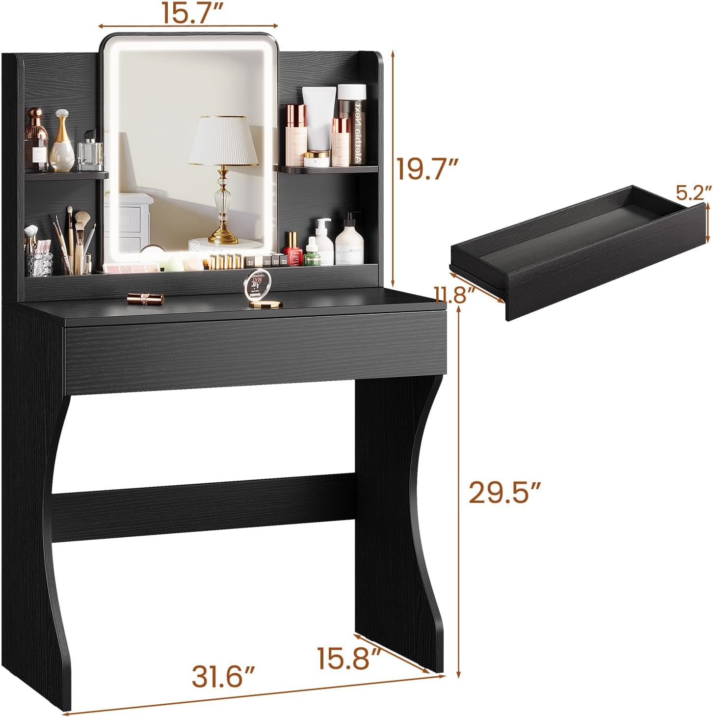 Small Vanity Desk with Mirror and Lights, Makeup Vanity with Storage Drawer, 2 Shelves and 3 Compartments - Black