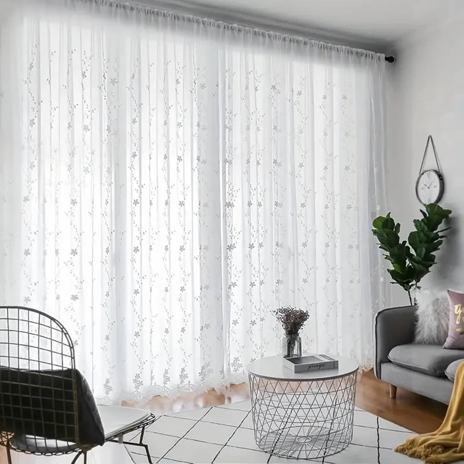 Wycian Bellissime tende in poliestere semitrasparente bianco con fiori ricamati, 102 x 138 cm (larghezza x altezza)