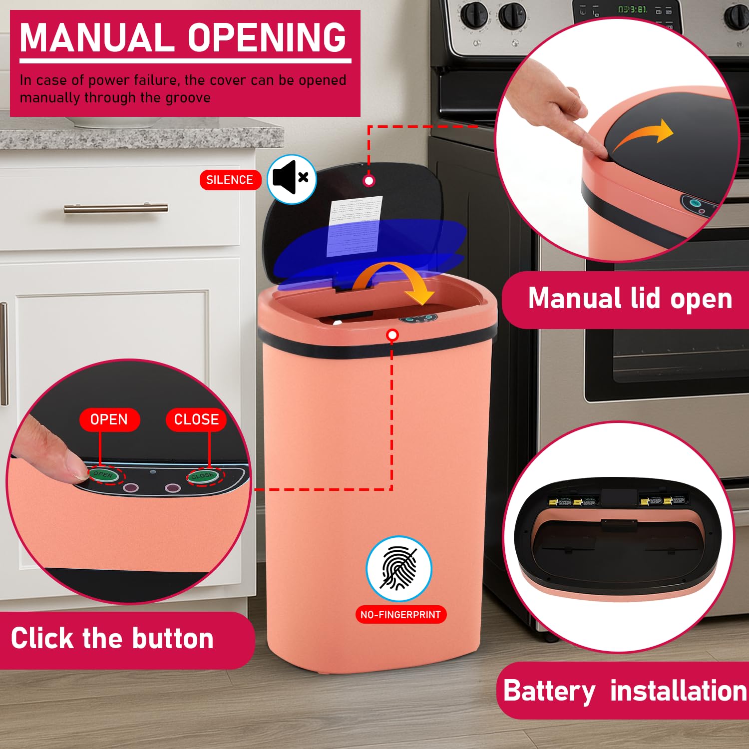 Ruesleag 13 Gallon Kitchen Trash Can Automatic Touch Free Garbage Can with Lid 50 Liter Waste Bin Mute Anti-Fingerprint for Bedroom Home Office Living Room,Pink