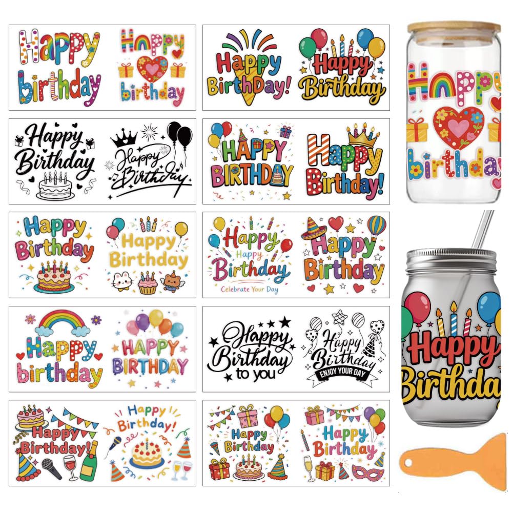 arricraft 10 Pcs Happy Birthday PVC Cup Transfer Stickers, Birthday Celebrate Words UV Waterproof Cup Sticker Rub on Decal for 16 oz Glasses Window Home Printing Decoration 24x11cm