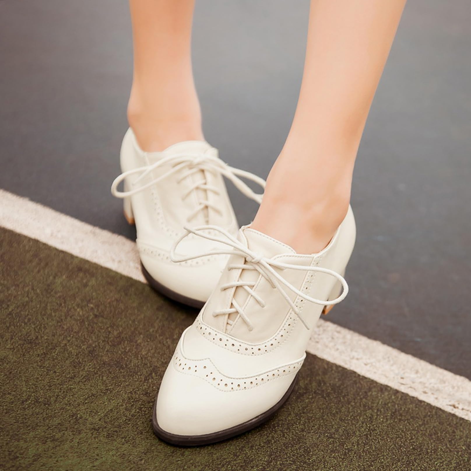 Mujer Tacón Ancho Oxford Punta Rojoonda Tacón Alto Zapatos Cordones Clásica Trabajoing Zapatos Talla 32-49