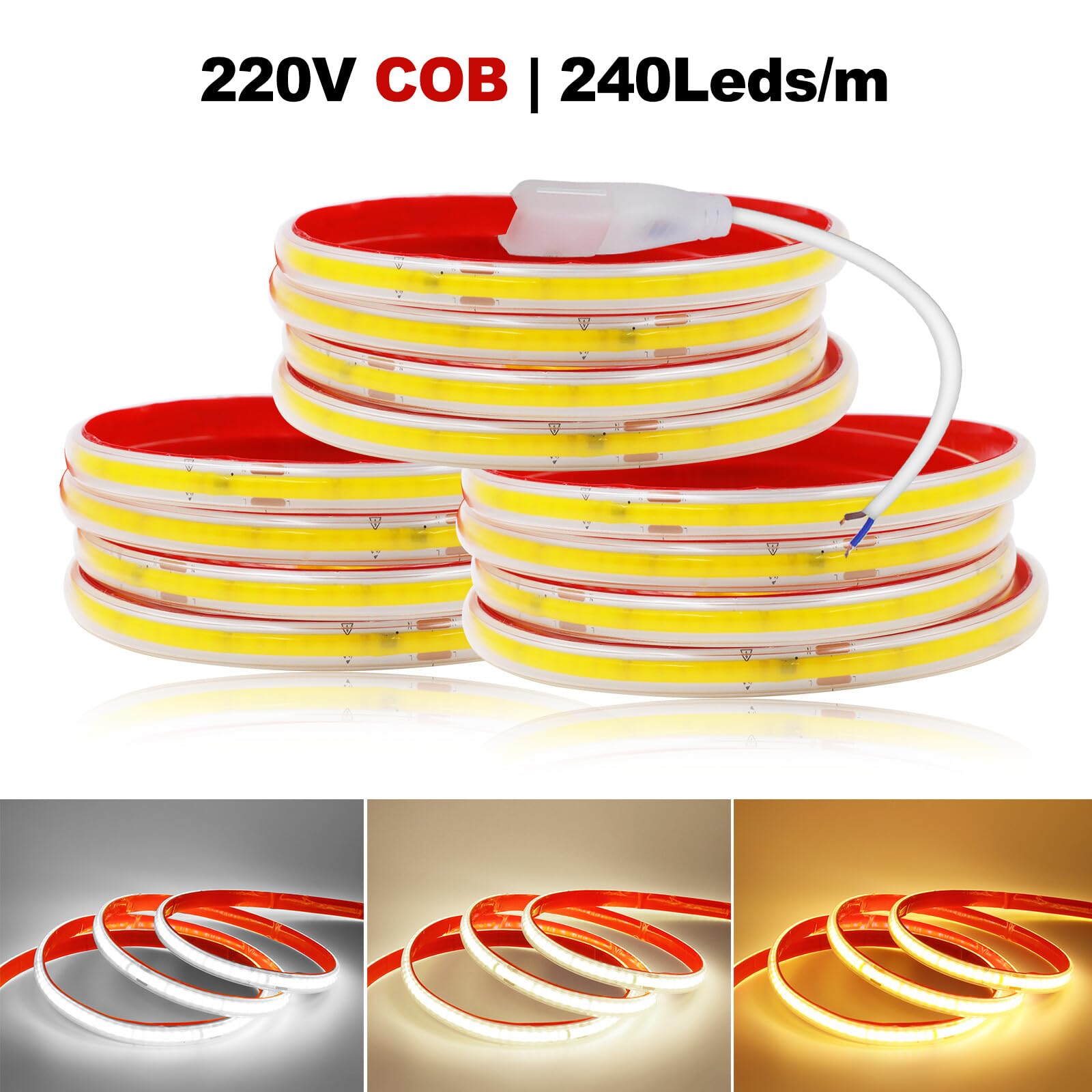 Tira LED COB 220V [20M, Blanco Cálido 3000-3500K],IP65 impermeable flexible,240 LEDs/m Tira LED FCOB CRI85+,cortable cada 10cm,Decoración para el hogar - Sin fuente de alimentación