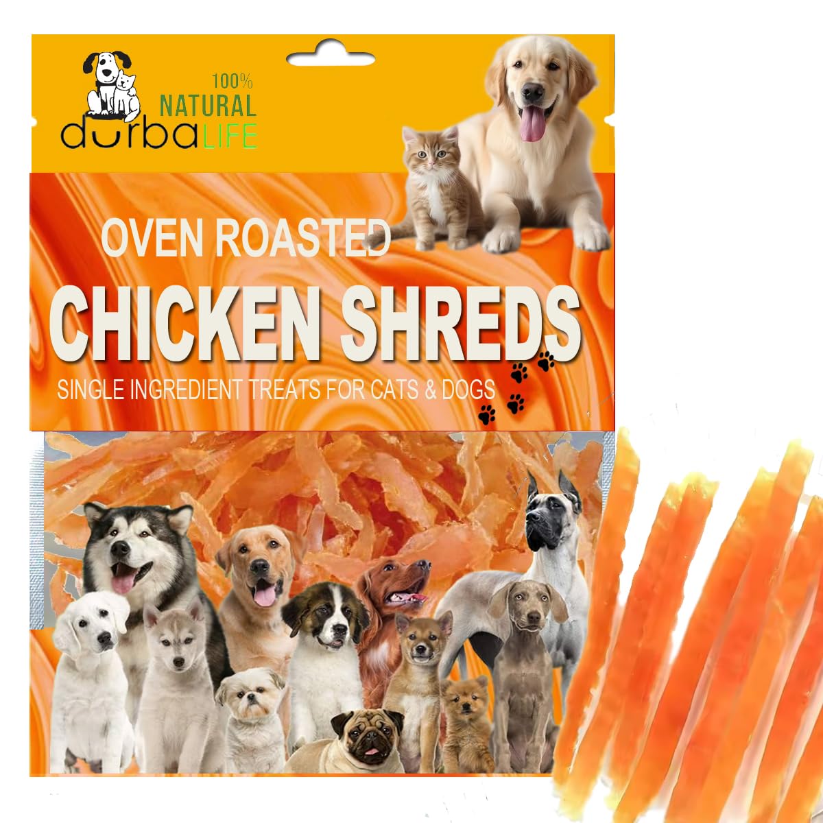 DurbaLife Oven Roasted Single Ingredient Treats for Dogs & Cats | Easy Chew (3.1 oz, Chicken Shreds (Crystal))