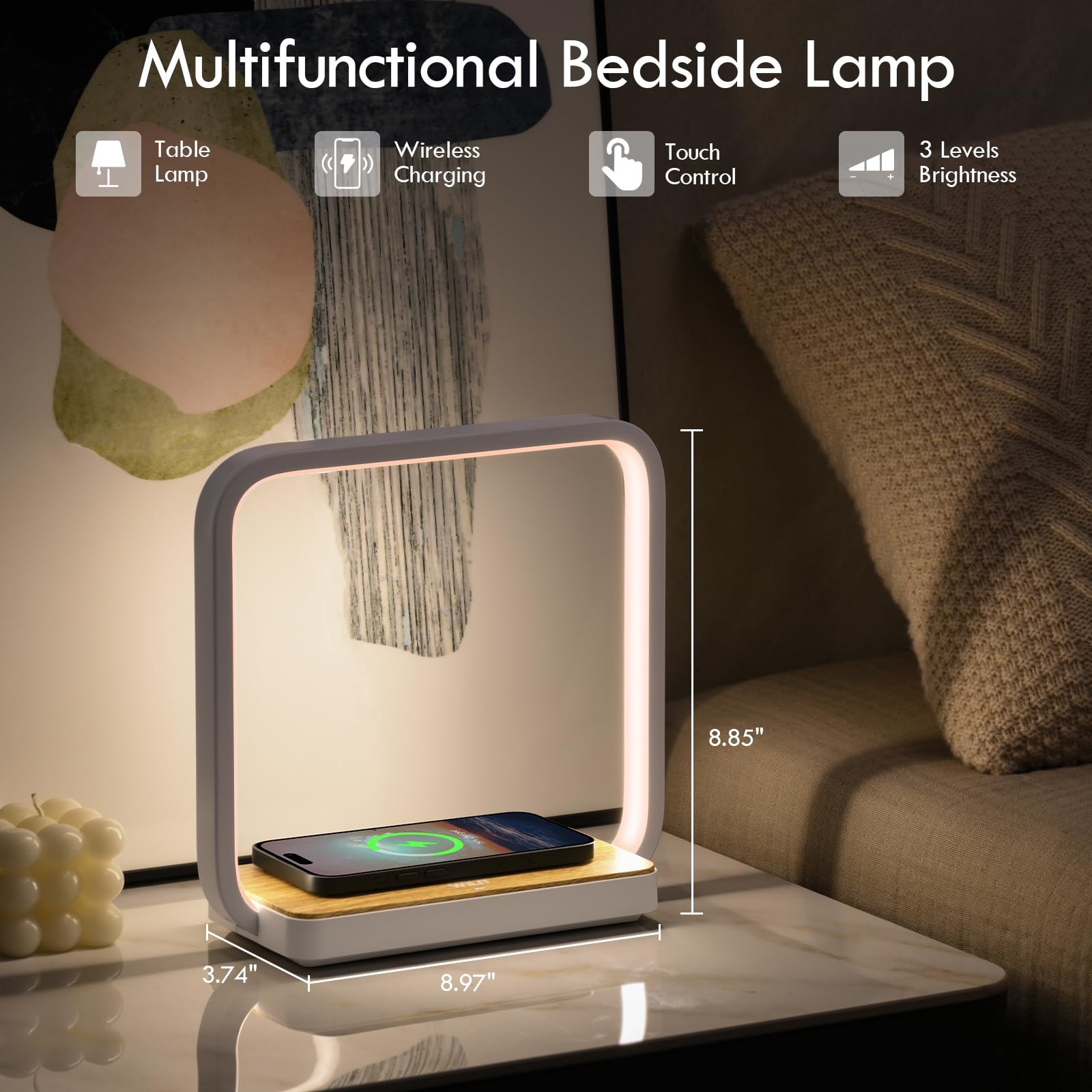 WILIT Bedside Lamp with Qi Wireless Charger A13 Table lamp 3 Step Dimmable Touch Control Desk Lamp for — view 2