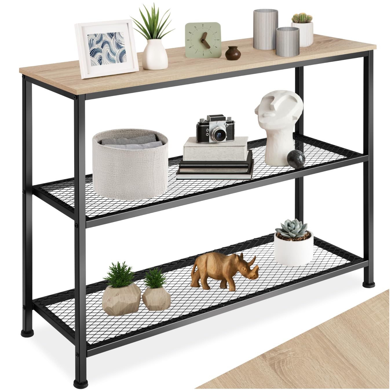 tectake® Industrial Konsolentisch schmal, Bartisch Konsole, Kommode mit 2 Ablagen, Beistelltisch für Wohnzimmer Flur, Sideboard, Regal oder Blumenbank - Industrial Holz hell, Eiche Sonoma