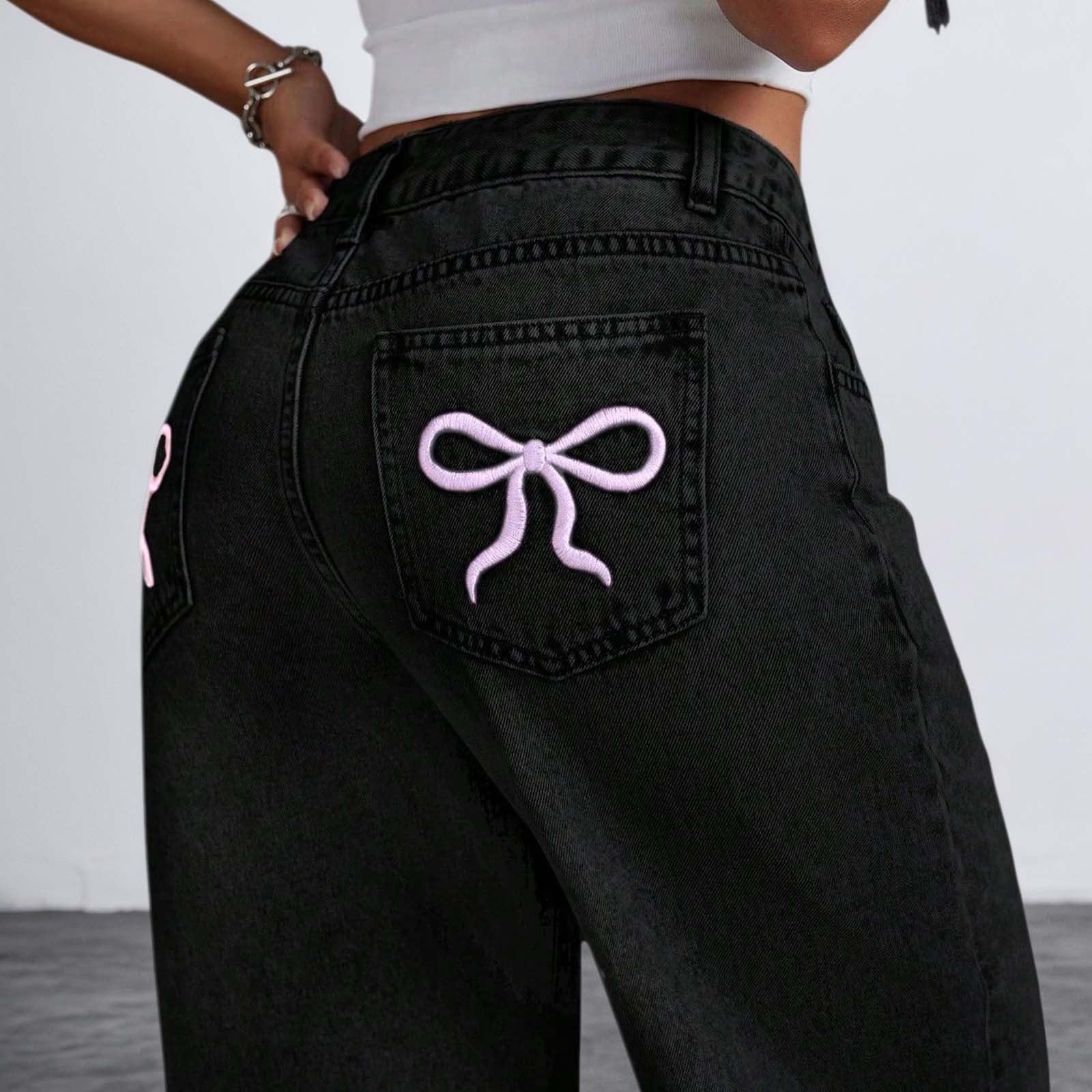 Jeans Elastico Vita-Pantaloni in Denim A Vita Alta Svasati per Ragazze Adolescenti con Tasche Posteriori Ricamate, Jeans Casual A Gamba Larga Effetto Consumato, Comodi Jeans Elasticizzati Morbidi