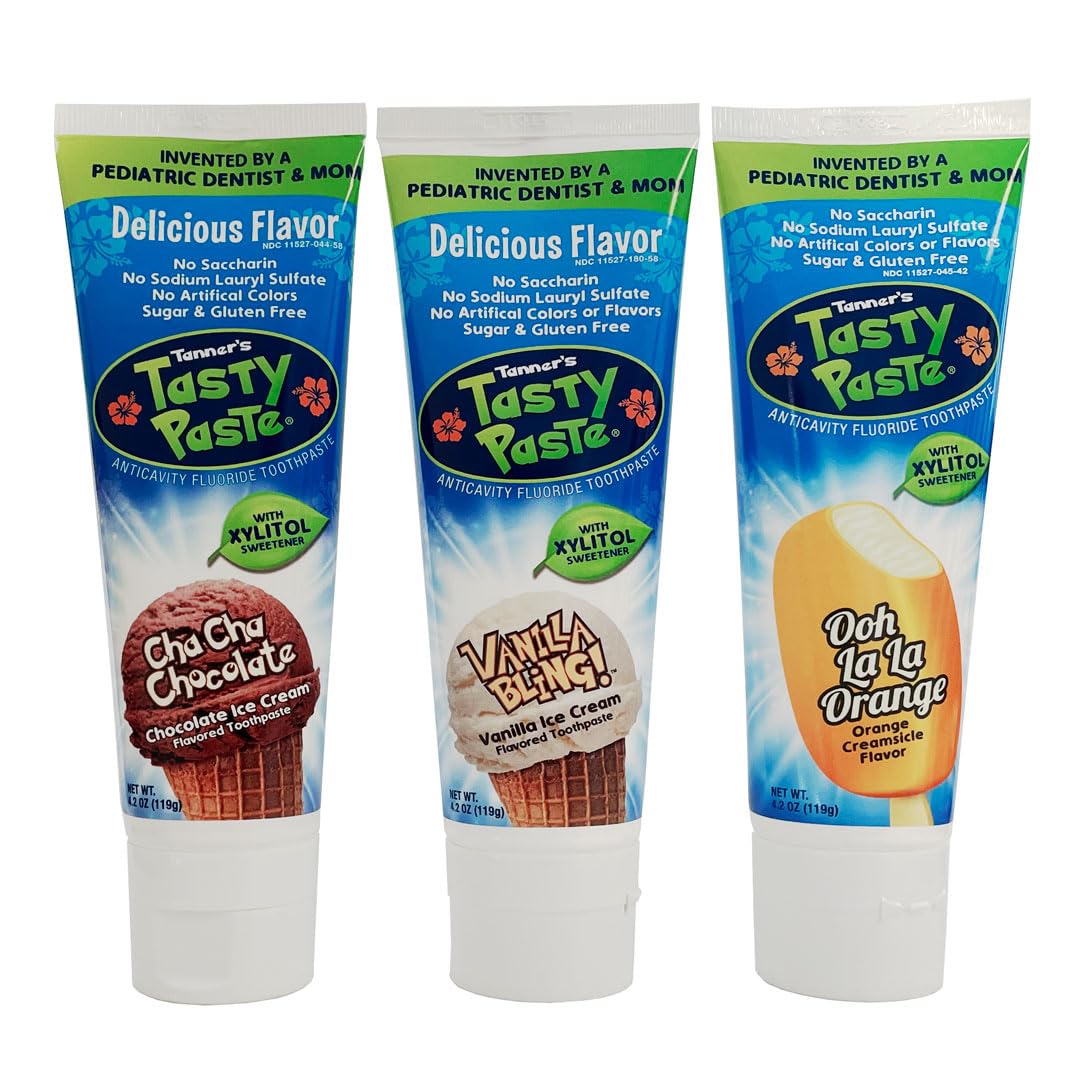 Tanner's Tasty Paste Variety (Vanilla, Chocolate & Orange) Anticavity Fluoride Children’s Toothpaste, Great Tasting Flavors. Safe & Effective for Kids (3-Pack)