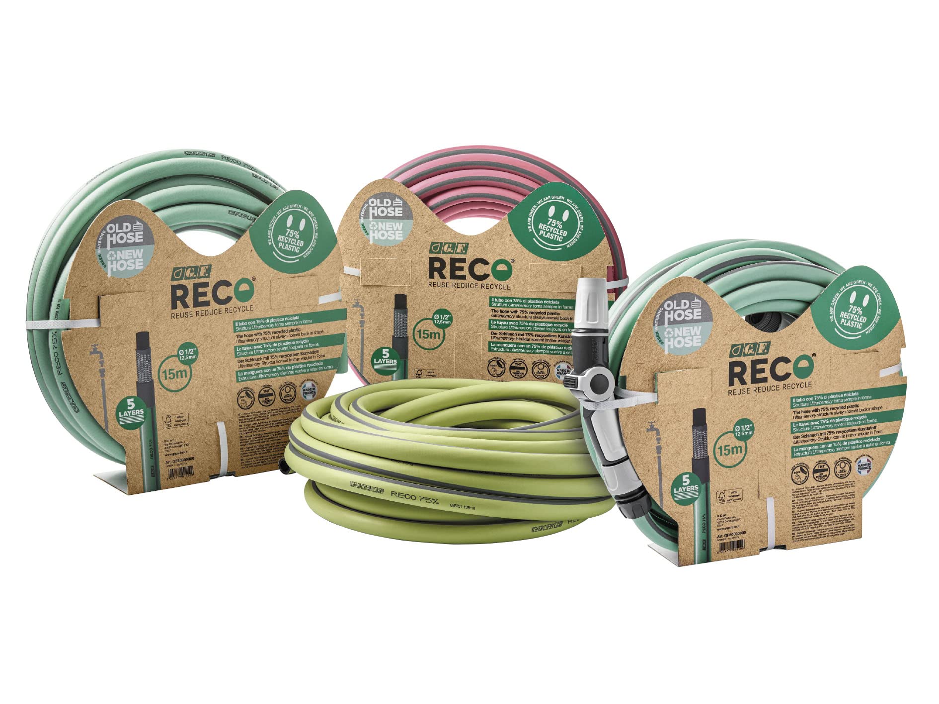 G.F. SRL Tubo RECO de 25 m de Manguera para riego Ø 5/8" de plástico Reciclado en Kit (Rueda ergonómica de 3 chorros, Accesorios, Toma de Grifo). Fabricado en Francia. Color Verde Salvia