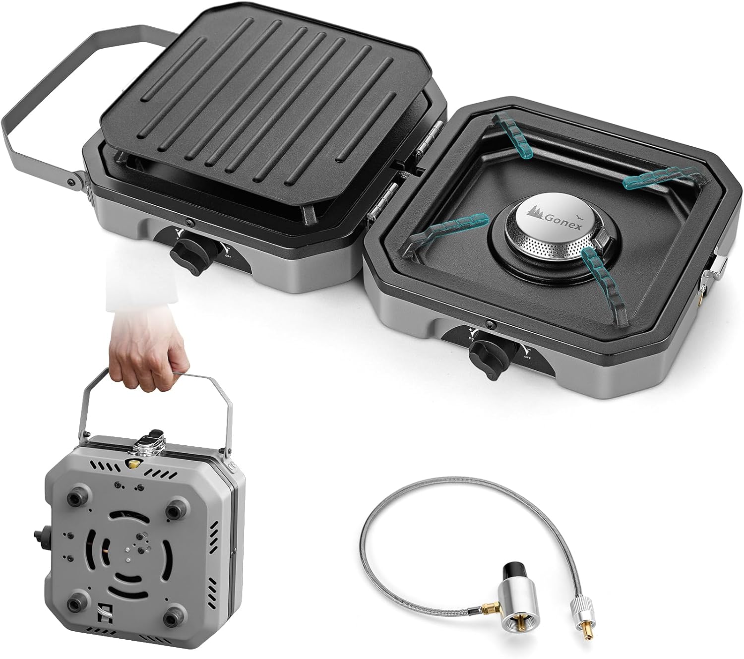 Gonex 2 Burner Propane Camping Stove with Griddle & Grates, Portable Foldable Cooking Stove with Total 16,000 BTU, Two Piezo Ignition Adjustable Burners for Camping, Patio, Emergency, Hiking (Grey)