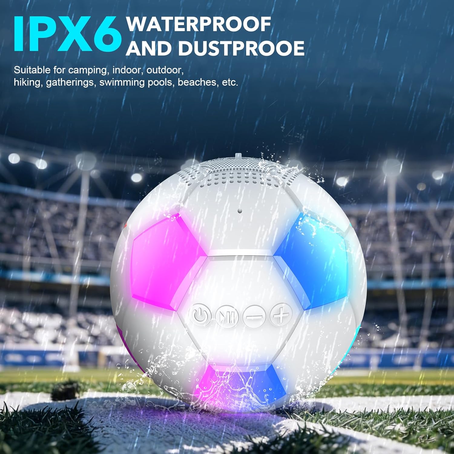 Soccer Ball Shaped Speaker, Portable Wireless Speaker with LED Light, IPX6 Waterproof, 5W Stereo, TWS Pairing, Suitable for Outdoor Travel Speakers for Sports Fans - White