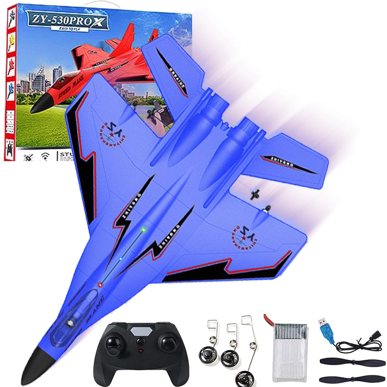 NNBWLMAEE Zy 530 Pro Rc Plane, 2.4ghz Rc Remote Control Fighter Plane Model, Rc Helicopter with Lights, Electric Light 360°Flip Remote Control Aircraft, for Aldult & Beginners (530-Blue)