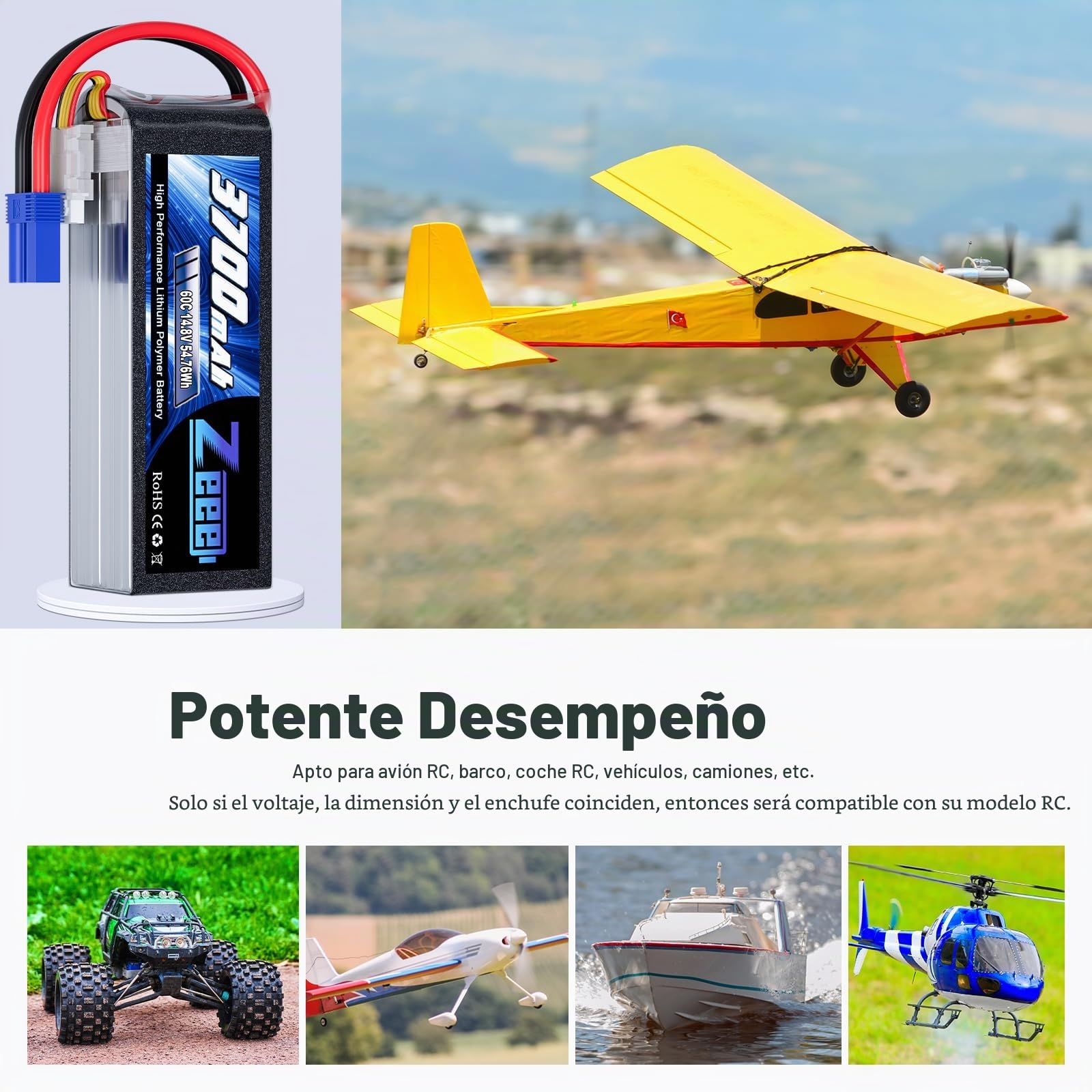 Zeee 4S Lipo Batería 14.8V 60C 3700mAh RC Batería con Conector EC5(2 pcs)