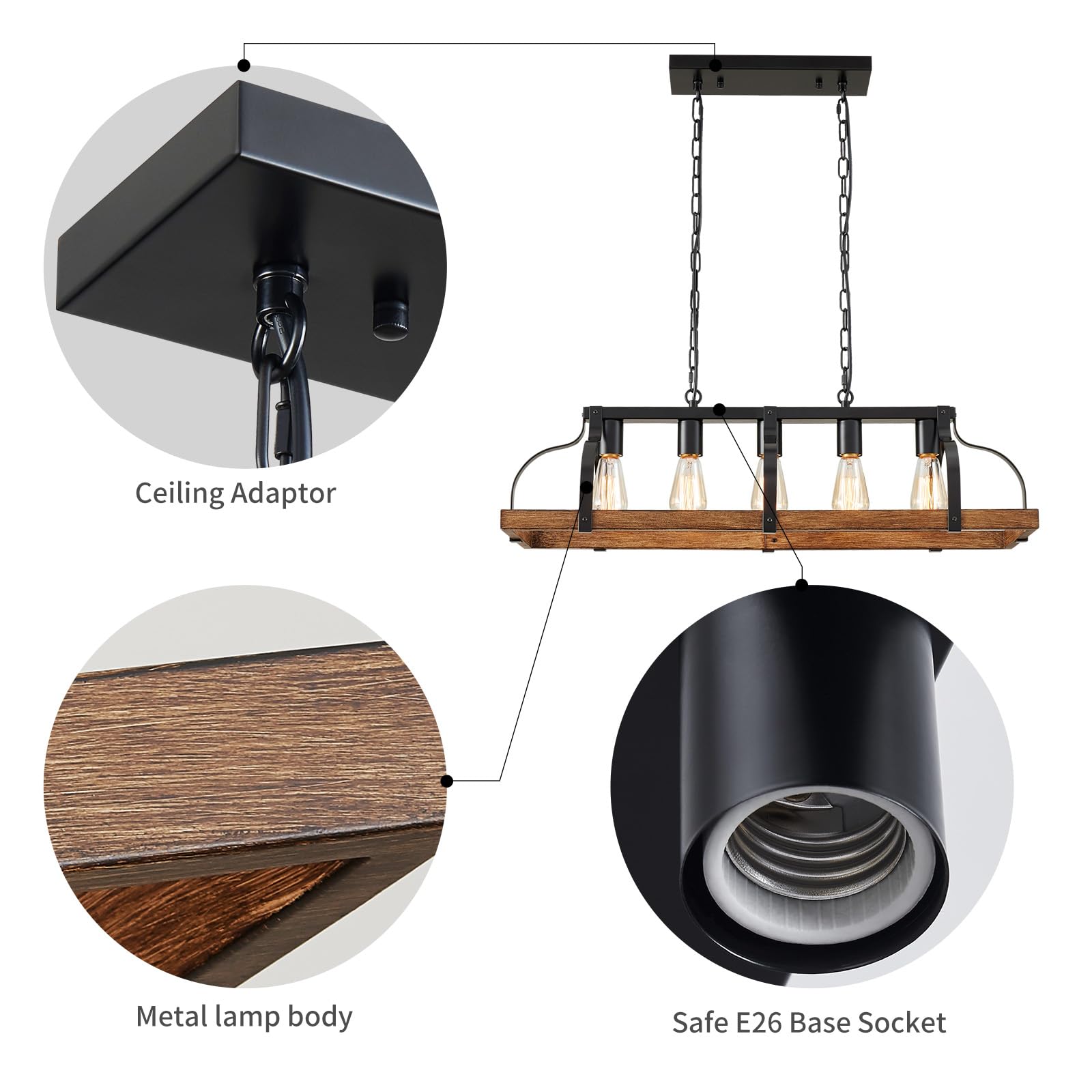 WUZUPS 5 Lustres Métal Léger Imitation Grain de Bois Lampe Suspension Linéaire Éclairage Plafond Rustique Ferme Robinet Cuisine Île Salle à Manger Socle E27 Noir & Bois Rétro
